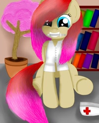 Size: 800x1000 | Tagged: safe, artist:visionwing, derpibooru import, oc, oc only, pegasus, pony, book, bookshelf, clothes, female, happy, hat, inside, mare, nurse, nurse hat, shirt, sitting, solo, syringe