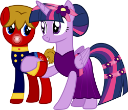 Size: 5000x4306 | Tagged: safe, derpibooru import, twilight sparkle, twilight sparkle (alicorn), oc, oc:max mustang, alicorn, absurd resolution, bun, canon, canon x oc, clothes, dress, duo, eyeshadow, female, flower, flower in hair, holding hooves, makeup, male, mare, maxlight (shipping), pin, simple background, snow tip nose, stallion, transparent background, uniform, vector