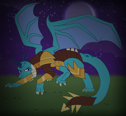 Size: 1580x1462 | Tagged: safe, artist:faitheverlasting, derpibooru import, princess ember, dragon, all fours, crescent moon, dragon armor, dragoness, female, moon, night, quadrupedal, solo, spread wings, wings