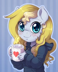 Size: 801x997 | Tagged: safe, artist:evomanaphy, derpibooru import, oc, oc only, oc:evo, anthro, blushing, chibi, clothes, cup, cute, female, freckles, heart, looking at you, mug, smiling, solo, sweater