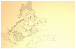 Size: 1042x673 | Tagged: safe, artist:sherwoodwhisper, derpibooru import, spike, dragon, campfire, fire, fire breath, food, gradient background, male, marshmallow, monochrome, mundane utility, pencil drawing, solo, traditional art