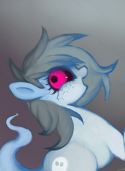 Size: 1100x1500 | Tagged: safe, artist:colochenni, derpibooru import, oc, oc only, oc:nippy goosebump, ghost, ghost pony, pony, /mlp/, colored sclera, creepy, creepypasta, description is relevant, drawthread, female, gradient background, looking at you, mare, monster mare, open mouth, request, solo, spooky, spoopy, zalgo