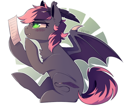 Size: 2000x1705 | Tagged: safe, artist:dino_horse, derpibooru import, oc, oc:quill, bat pony, pony, commission, cute, female, mare, thinking