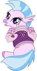 Size: 3000x5669 | Tagged: safe, artist:cloudyglow, derpibooru import, silverstream, classical hippogriff, hippogriff, cute, diastreamies, female, letterman jacket, popped collar, simple background, solo, transparent background, varsity jacket, vector