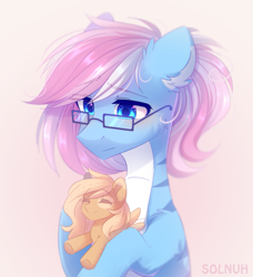 Size: 963x1056 | Tagged: safe, artist:solnuh, derpibooru import, oc, oc only, oc:liu, oc:mirta whoowlms, pegasus, pony, ear fluff, glasses, pale belly, plushie, simple background