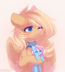 Size: 979x1079 | Tagged: safe, artist:solnuh, derpibooru import, oc, oc only, oc:liu, oc:mirta whoowlms, earth pony, pegasus, pony, blue eyes, collar, digital art, ear fluff, female, leash, mare, one eye closed, plushie, simple background