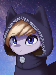 Size: 1587x2100 | Tagged: safe, artist:mrscroup, derpibooru import, oc, oc only, oc:eathelin, pony, equestria at war mod, bust, cat ears, clothes, female, hood, looking at you, mare, portrait, smiling, solo, starry background, stars