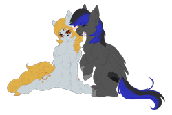 Size: 2369x1589 | Tagged: safe, artist:requiem♥, derpibooru import, oc, oc:thunderblitzdash, pegasus, pony, black and blue, black hair, blue hair, brown eyes, cheek fluff, commission, ear fluff, female, flower, love, male, oc x oc, shipping, simple background, straight, transparent background, white fur, wings, yellow hair, your character here