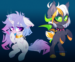 Size: 1775x1467 | Tagged: safe, artist:zombie, derpibooru import, oc, oc only, oc:dree deray, oc:frizzle frisk, bat pony, pony, unicorn, bat pony oc, chains, choker, female, floppy ears, gradient background, looking at you, mare, smiling, tongue out