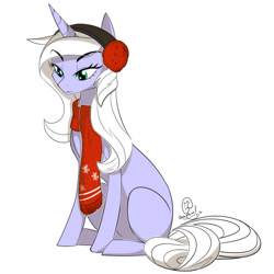 Size: 480x480 | Tagged: safe, artist:basykail, derpibooru import, oc, oc only, oc:white blade, pony, unicorn, clothes, earmuffs, female, mare, scarf, simple background, sitting, solo, white background