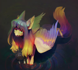 Size: 1500x1349 | Tagged: safe, artist:dearmary, derpibooru import, oc, oc only, pegasus, pony, big ears, colored wings, dreamcatcher, ear fluff, large wings, looking up at you, mouth hold, solo, unshorn fetlocks, water, wings