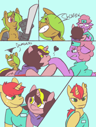 Size: 768x1024 | Tagged: safe, artist:mattdrawstoons, derpibooru import, oc, oc only, oc:arliel, oc:plasma heart, oc:red dive, earth pony, pony, unicorn, afro, amputee, augmented, broken horn, comic, cyoa, cyoa:space frontier, description is relevant, dialogue, patreon, patreon reward, prosthetic limb, prosthetics, space, story included