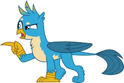 Size: 4487x3000 | Tagged: safe, artist:cloudyglow, derpibooru import, gallus, griffon, the hearth's warming club, male, open mouth, paws, pointing, simple background, solo, tail, transparent background, vector