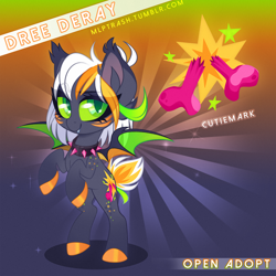Size: 1500x1500 | Tagged: safe, artist:zombie, derpibooru import, oc, oc only, oc:dree deray, bat pony, adoptable, auction, bat pony oc, choker, commission, female, looking at you, reference sheet, smiling, solo