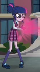 Size: 544x983 | Tagged: safe, derpibooru import, sci-twi, twilight sparkle, equestria girls, friendship games, clothes, cropped, crystal prep academy uniform, female, glasses, hair bun, magic capture device, official, pleated skirt, school uniform, shoes, skirt, socks