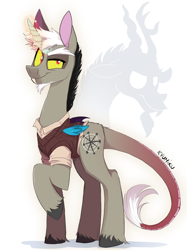 Size: 3000x4020 | Tagged: safe, artist:zlayd-oodles, derpibooru import, discord, alicorn, draconequus, pony, unicorn, bat wings, beard, black hair, chaos, clothes, colored sketch, design, facial hair, golden eyes, pony discord, shirt, solo, sweater, tail, white hair, wings