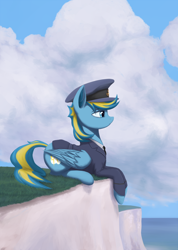 Size: 2300x3238 | Tagged: safe, artist:mrscroup, derpibooru import, oc, oc only, oc:bolterdash, pony, clothes, cloud, hat, male, sky, solo, stallion, suit, water