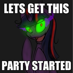 Size: 601x599 | Tagged: safe, artist:sinsays, derpibooru import, part of a series, part of a set, twilight sparkle, unicorn twilight, pony, unicorn, ask corrupted twilight sparkle, caption, corrupted, corrupted twilight sparkle, curved horn, dark, female, horn, image macro, insanity, let's get this party started, meme, possessed, psychotic, psychotic twilight sparkle, queen twilight, solo, sombra eyes, sombra horn, text, tumblr, tyrant sparkle, world domination