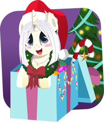 Size: 600x702 | Tagged: safe, artist:jhayarr23, derpibooru import, oc, oc:pearl blush, pony, unicorn, blush sticker, blushing, box, candy, candy cane, christmas, christmas tree, cute, female, food, hat, holiday, horn ring, jewelry, necklace, ocbetes, pearl, pony in a box, present, santa hat, simple background, transparent background, tree, wreath
