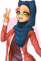 Size: 2835x4252 | Tagged: safe, artist:kindpineapple, derpibooru import, oc, oc only, oc:bärmey jäçar, anthro, earth pony, anthro oc, breasts, clothes, female, hijab, jacket, lip piercing, mare, peace sign, piercing, solo