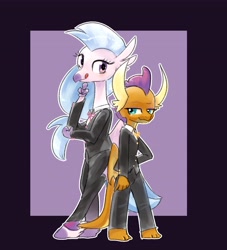 Size: 3342x3685 | Tagged: safe, artist:yajima, derpibooru import, silverstream, smolder, anthro, dragon, hippogriff, unguligrade anthro, back to back, clothes, duo, female