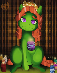 Size: 3300x4200 | Tagged: safe, artist:kenisu-of-dragons, derpibooru import, tree hugger, pony, candle, hippie, looking at you, sitting, smiling, solo, wavy mouth