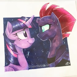 Size: 1080x1080 | Tagged: safe, artist:antych, derpibooru import, tempest shadow, twilight sparkle, twilight sparkle (alicorn), alicorn, pony, unicorn, my little pony: the movie, duo, female, lesbian, shipping, tempestlight, traditional art, watermark