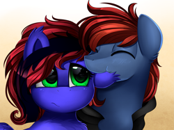 Size: 2379x1783 | Tagged: safe, artist:pridark, derpibooru import, oc, oc only, oc:firewire, oc:skitzy, pony, bust, commission, eyes closed, green eyes, nom, portrait, sad