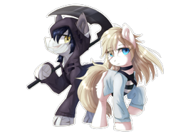 Size: 3264x2448 | Tagged: safe, artist:kaliner123, derpibooru import, pony, anime, clothes, crossover, female, grim reaper, isaac foster, male, mare, ponified, rachel gardner, raised hoof, satsuriku no tenshi, scythe, simple background, stallion, transparent background, zack