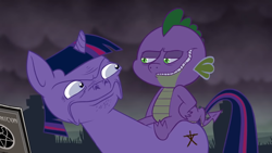 Size: 1366x768 | Tagged: safe, artist:hotdiggedydemon, derpibooru import, spike, twilight sparkle, dragon, .mov, disgusted, graveyard, grin, magic.mov, smiling