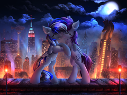 Size: 3140x2336 | Tagged: safe, artist:atlas-66, derpibooru import, oc, oc only, oc:herpy, oc:swirple, pegasus, pony, airship, chrysler building, city, cloud, crying, crystaller building, empire state building, eyes closed, full moon, high res, lavender spirit, lights, manehattan, moon, night, pony (sony), rearing, scp foundation, skyscraper, tears of joy