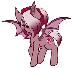 Size: 4603x4293 | Tagged: safe, artist:wickedsilly, derpibooru import, oc, oc only, oc:kala vera, bat pony, pony, absurd resolution, bat pony oc, cutie mark, fangs, female, flower, flower in hair, hair over one eye, mare, raised hoof, simple background, smiling, solo, spread wings, white background, wings