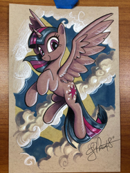 Size: 1536x2048 | Tagged: safe, artist:andypriceart, derpibooru import, twilight sparkle, twilight sparkle (alicorn), alicorn, colored pencil drawing, female, flying, looking at you, mare, marker drawing, solo, spread wings, traditional art, wings