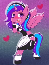 Size: 1200x1600 | Tagged: safe, artist:discordloveevil, derpibooru import, oc, oc only, oc:melody aurora, alicorn, pony, alicorn oc, clothes, female, heart, heart eyes, maid, offspring, parent:flash sentry, parent:twilight sparkle, parents:flashlight, solo, tongue out, wingding eyes