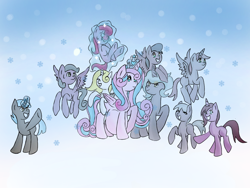 Size: 1200x900 | Tagged: safe, artist:bunnyviolet218, derpibooru import, princess flurry heart, oc, oc:shimmering glow, alicorn, earth pony, pegasus, pony, unicorn, adult, alicorn oc, canon x oc, children, colt, couple, family, family photo, female, filly, flurryglow, flying, foal, husband and wife, magic, magic aura, male, mama flurry, married couple, multiple pregnancy, octuplets, offspring, offspring shipping, offspring's offspring, older, older flurry heart, parent:king sombra, parent:oc:shimmering glow, parent:princess flurry heart, parent:radiant hope, parents:canon x oc, parents:hopebra, pregnant, shipping, snow, snowfall, straight