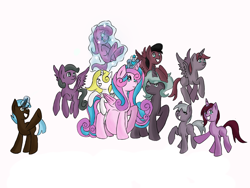 Size: 1200x900 | Tagged: safe, alternate version, artist:bunnyviolet218, derpibooru import, princess flurry heart, oc, oc:shimmering glow, alicorn, earth pony, pegasus, pony, unicorn, adult, alicorn oc, canon x oc, children, colt, couple, family, family photo, female, filly, flurryglow, flying, foal, husband and wife, magic, magic aura, male, mama flurry, married couple, multiple pregnancy, octuplets, offspring, offspring shipping, offspring's offspring, older, older flurry heart, parent:king sombra, parent:oc:shimmering glow, parent:princess flurry heart, parent:radiant hope, parents:canon x oc, parents:hopebra, pregnant, shipping, simple background, straight, white background