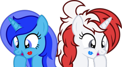 Size: 4000x2207 | Tagged: safe, anonymous artist, derpibooru import, oc, oc only, pony, unicorn, couple, female, kiss mark, lesbian, lipstick, shipping, simple background, transparent background, vector