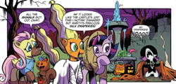 Size: 911x439 | Tagged: safe, artist:andypriceart, derpibooru import, idw, applejack, fluttershy, rarity, twilight sparkle, twilight sparkle (alicorn), alicorn, earth pony, pegasus, pony, unicorn, spoiler:comic, spoiler:comic71, and then there's rarity, big no, cropped, drama queen, frankenstein's bride, marshmelodrama, sad, screaming, skewed priorities, speech bubble