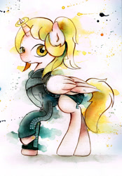 Size: 1600x2300 | Tagged: safe, artist:mashiromiku, derpibooru import, pony, unicorn, clothes, commission, halo, panties, solo, traditional art, underwear, watercolor painting