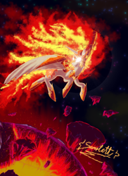 Size: 2550x3509 | Tagged: safe, artist:omega-scarlett, derpibooru import, daybreaker, alicorn, pony, digital art, female, fire, glowing eyes, mane of fire, mare, solo, space