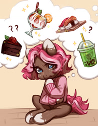 Size: 1280x1644 | Tagged: safe, artist:aphphphphp, derpibooru import, oc, oc only, oc:ginger, earth pony, pony, cake, clothes, food, ice cream, smoothie, solo, sushi, sweater, thought bubble