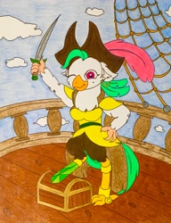 Size: 2784x3625 | Tagged: safe, artist:jamestkelley, derpibooru import, captain celaeno, my little pony: the movie, amputee, clothes, ear piercing, earring, feather, hat, jewelry, one eye closed, parrot pirates, piercing, pirate, pirate ship, prosthetic limb, prosthetics, rigging, solo, sword, treasure chest, weapon, wink