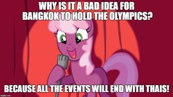 Size: 888x499 | Tagged: safe, derpibooru import, cheerilee, earth pony, pony, bangkok, cheerilee pun, curtain, exploitable meme, female, green eyes, image macro, mare, meme, microphone, olympics, open mouth, pun, smiling, solo, spotlight, text, two toned mane, two toned tail