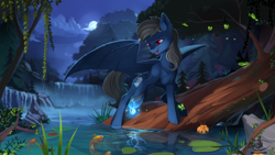 Size: 1920x1080 | Tagged: safe, artist:discordthege, derpibooru import, oc, oc only, bat pony, butterfly, fish, pony, bat pony oc, bat wings, cloud, commission, digital art, fangs, female, full moon, hypnosis, log, looking down, mare, moon, night, night sky, open mouth, pond, red eyes, reflection, rock, scenery, signature, sky, slit eyes, solo, spread wings, tree, water, waterfall, wing claws, wings
