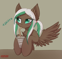 Size: 1263x1209 | Tagged: safe, artist:orang111, derpibooru import, oc, oc only, oc:lynn, pegasus, pony, drinking, female, mare, signature, simple background, solo