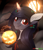 Size: 1300x1495 | Tagged: safe, artist:redchetgreen, derpibooru import, oc, oc only, pony, unicorn, clothes, female, full moon, glowing horn, halloween, holiday, jack-o-lantern, levitation, magic, moon, pumpkin, pumpkin bucket, smiling, solo, telekinesis