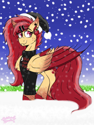 Size: 768x1024 | Tagged: safe, artist:rubysplash2018, derpibooru import, oc, oc:ruby splash, bat pony, pony, bat pony oc, christmas, clothes, ear piercing, hairclip, hat, holiday, hybrid wings, jumper, piercing, santa hat, snow, snowfall, sweater, tail feathers, unshorn fetlocks