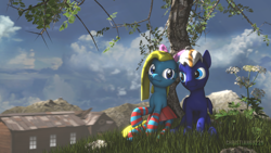 Size: 1920x1080 | Tagged: safe, artist:christian69229, derpibooru import, oc, oc only, oc:cuteamena, oc:electric blue, earth pony, pegasus, pony, 3d, clothes, cute, electricute, flower, looking at each other, rock, sitting, skirt, socks, source filmmaker, striped socks, tree