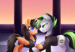 Size: 1280x884 | Tagged: safe, artist:scarlet-spectrum, derpibooru import, oc, oc only, oc:plush ramen, pony, clothes, commission, female, male, oc x oc, shipping, smiling, straight