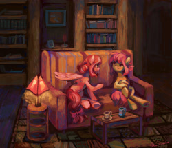 Size: 2570x2200 | Tagged: safe, artist:malinetourmaline, derpibooru import, oc, pony, book, bookshelf, cup, duo, female, lamp, mug, sisters, sofa, table